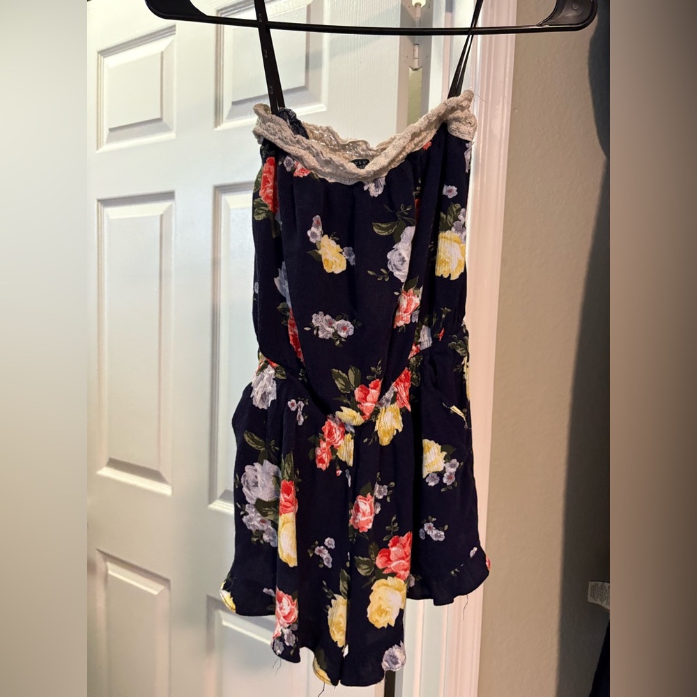 Iris Los Angeles Navy Floral Romper with Lace